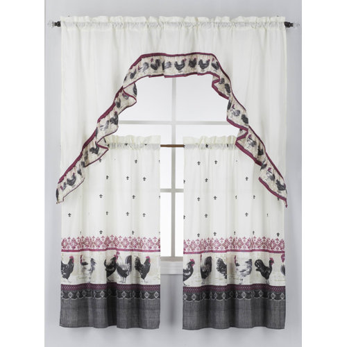 August Grove® Agatho Rooster2 Swag 60'' W Kitchen Curtain in White